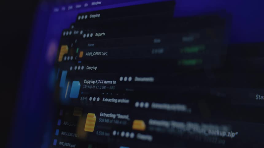 A time-lapse close-up shows a computer screen actively copying, backing up, and extracting numerous large data files simultaneously