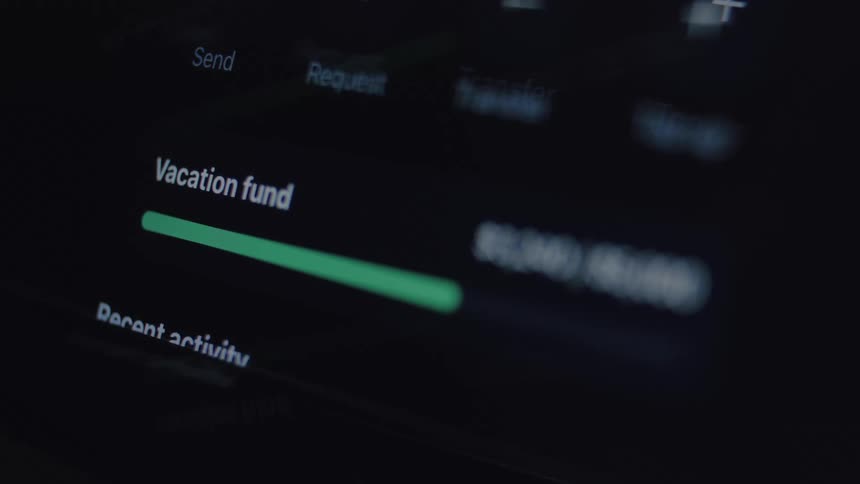 Close up of a financial app showing the progress bar of a vacation fund savings goal