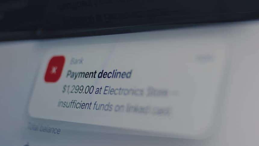 A close-up shot of a smartphone screen showing a 'payment declined' notification due to insufficient funds
