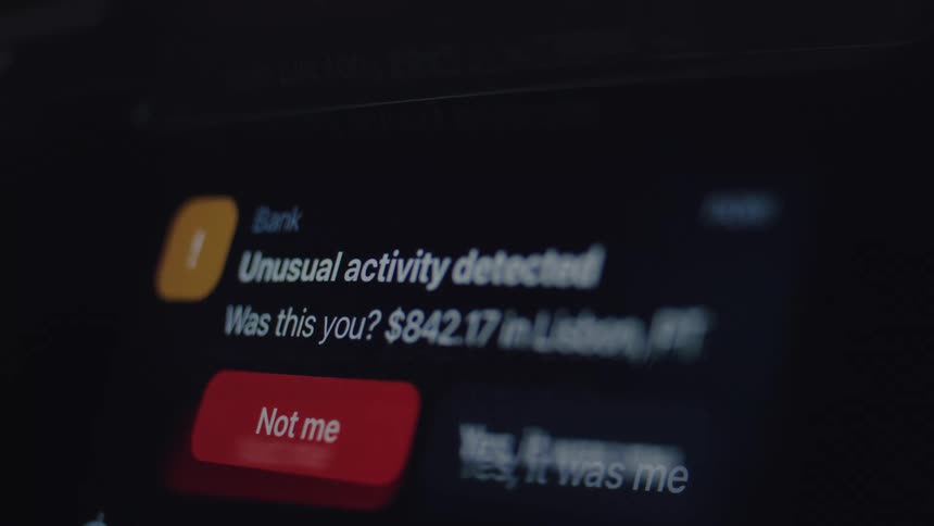 A close-up of a smartphone screen shows a bank fraud alert notification for an unusual charge
