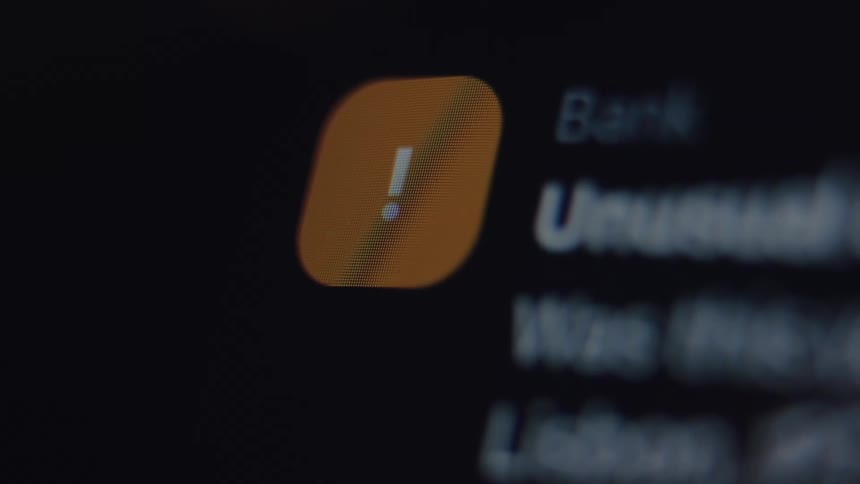 A close-up macro shot of a digital screen displays a bank notification alert for unusual activity