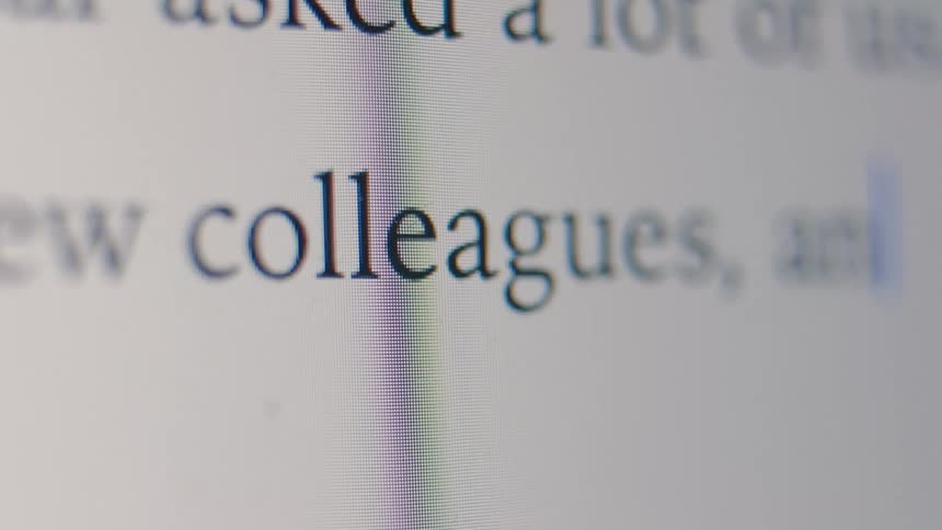 Extreme close-up macro shot of the word 'colleagues' being typed on a computer screen