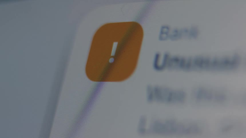 A close-up macro shot of a digital screen shows a bank alert notification for unusual activity