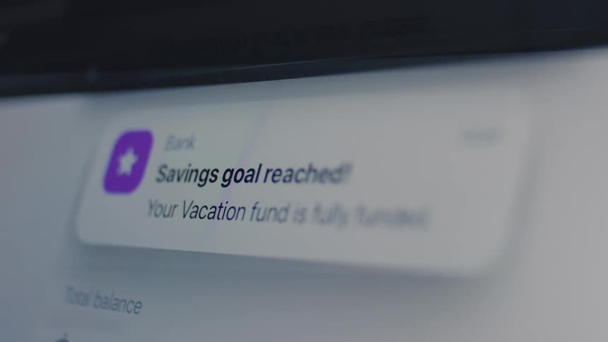 A close-up of a digital screen shows a banking app notification that a savings goal for a vacation fund has been reached