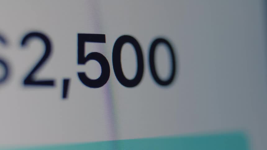 Extreme close-up of a computer screen showing a user typing and sending an online payment of $2,500, followed by a confirmation checkmark