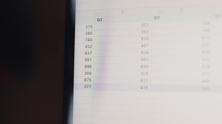 A close-up shot of a person entering numerical data into a quarterly report spreadsheet on a computer monitor