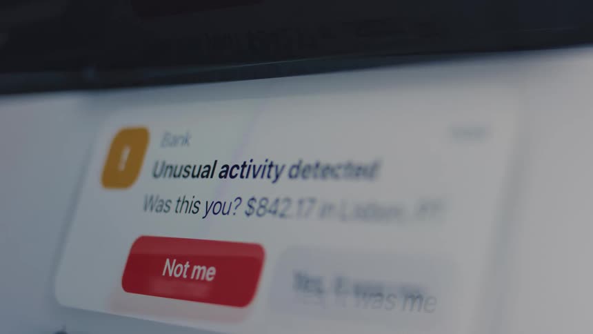 A close-up of a digital screen showing a banking app notification warning of unusual activity and a fraudulent charge