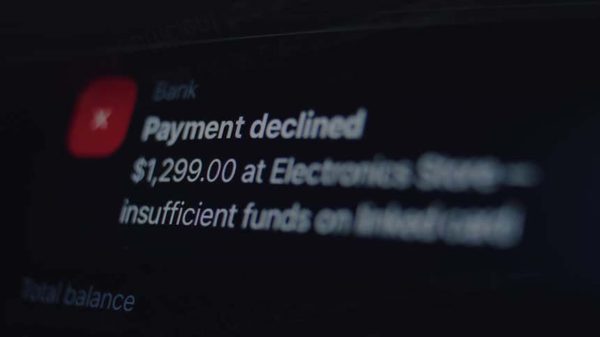 A close-up shot of a 'Payment Declined' notification on a digital screen due to insufficient funds