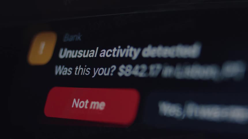 A digital screen displays a bank fraud alert notification asking to confirm an unusual transaction