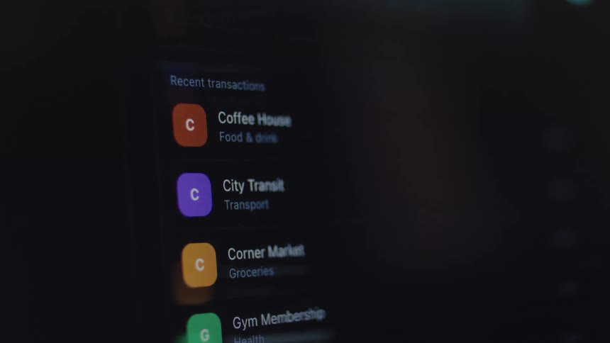 Close-up shot of a banking app on a digital screen displaying a list of recent transactions in dark mode