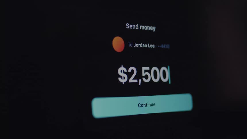 A user sends $2,500 using a digital payment app, showing the amount entry, processing, and successful confirmation on a dark mode screen