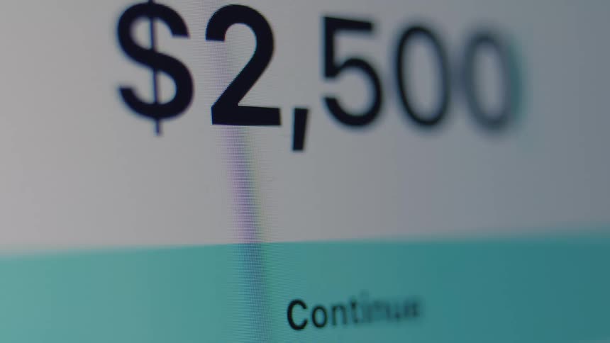 A user types the amount of two thousand five hundred dollars into a financial application on a screen to make a payment