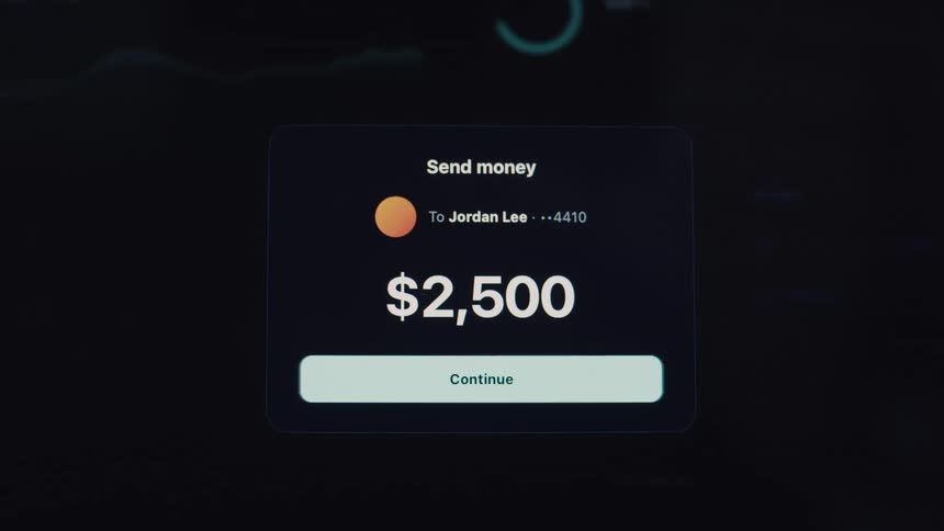 A user sends $2,500 instantly to another person using a modern fintech digital payment application