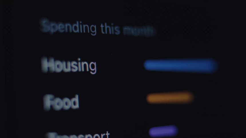 An out-of-focus close-up of a digital screen displaying a budgeting application tracking monthly spending on housing, food, and transport