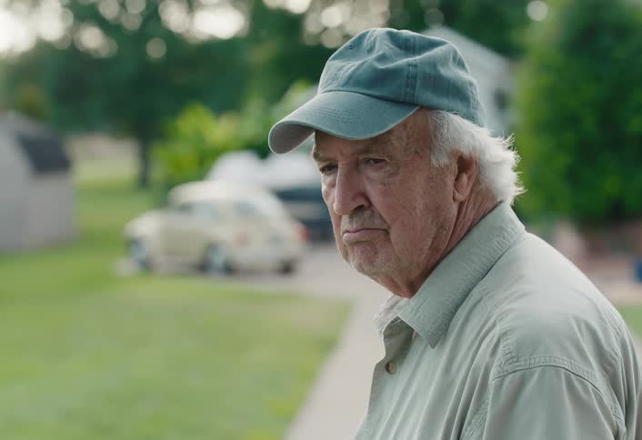 A thoughtful elderly man in a baseball cap turns to look at the camera with a pensive expression in his backyard