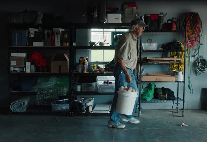 An elderly man in a cluttered garage picks up a white bucket filled with potatoes and carries it away