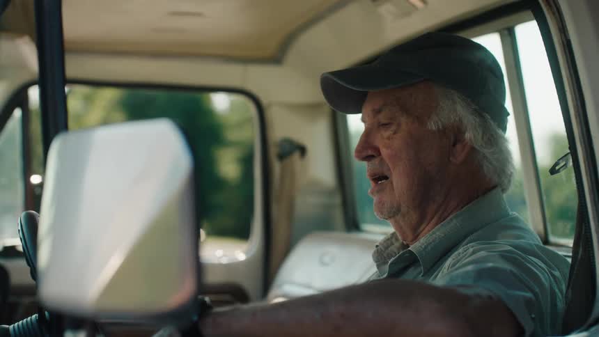 A slow focus reveal of an older man sitting thoughtfully in the driver's seat of a classic pickup truck