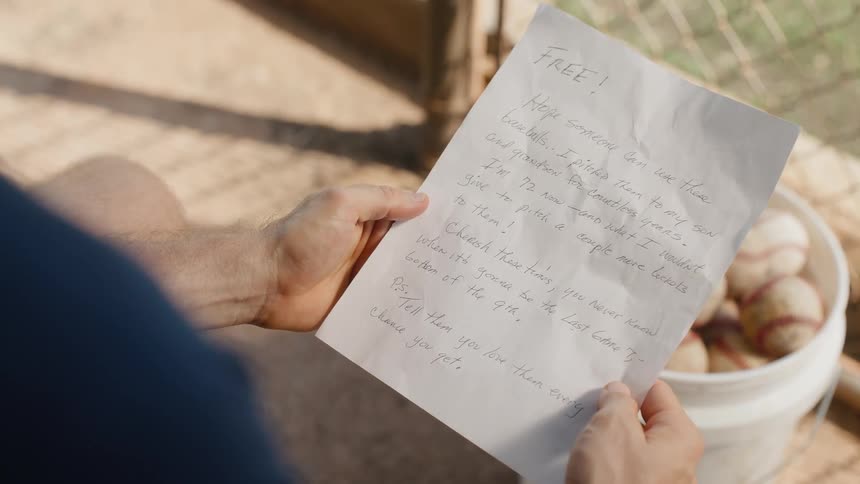 Close up of a man's hands holding a sentimental handwritten letter left with a bucket of free baseballs in a dugout