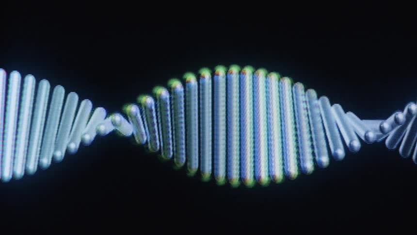 A close-up of a digitally animated DNA double helix rotating with a pixelated screen effect