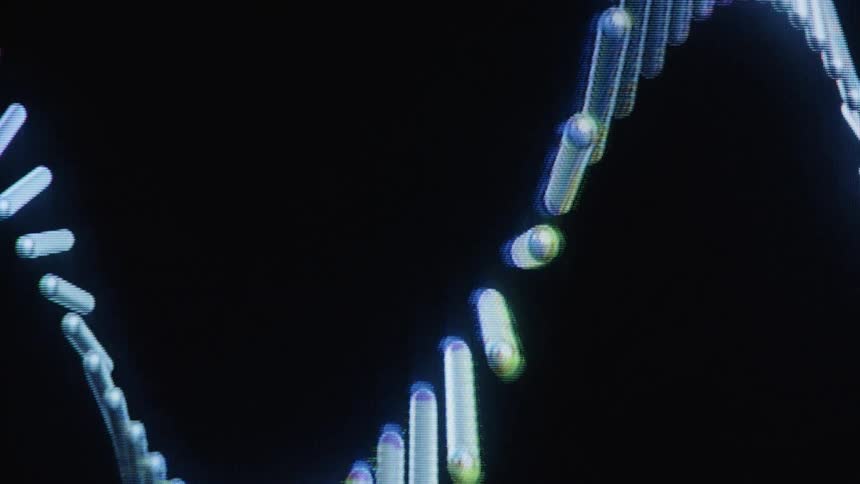 A close-up of a digital screen displaying a stylized, rotating DNA double helix on a black background