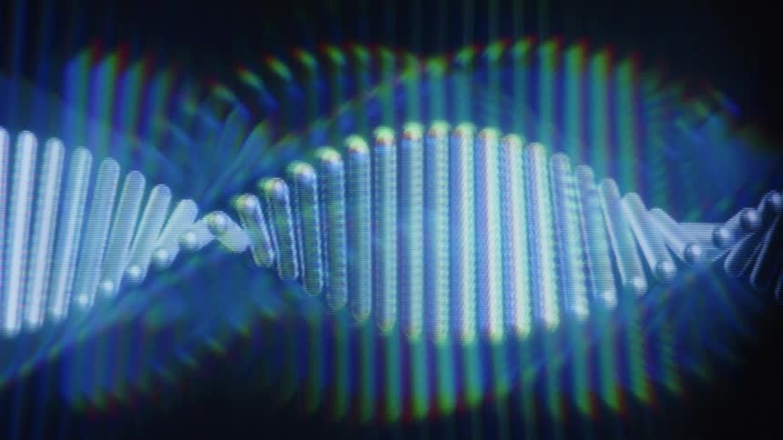 A digital animation of a rotating DNA strand glows with a futuristic holographic effect on a dark background