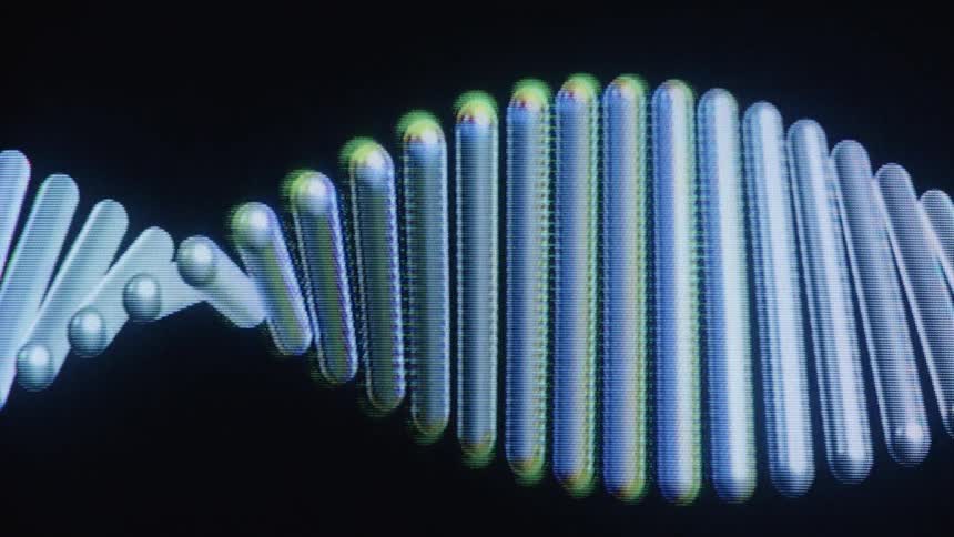 A stylized, computer-animated model of a DNA double helix rotates seamlessly on a black background with a retro digital screen effect