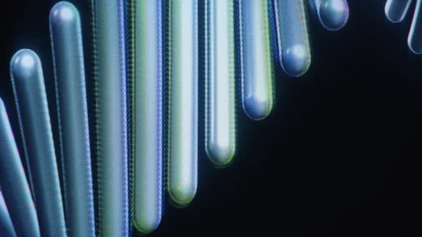 A close-up, retro-style animation of a glowing blue and green DNA strand rotating on a pixelated screen