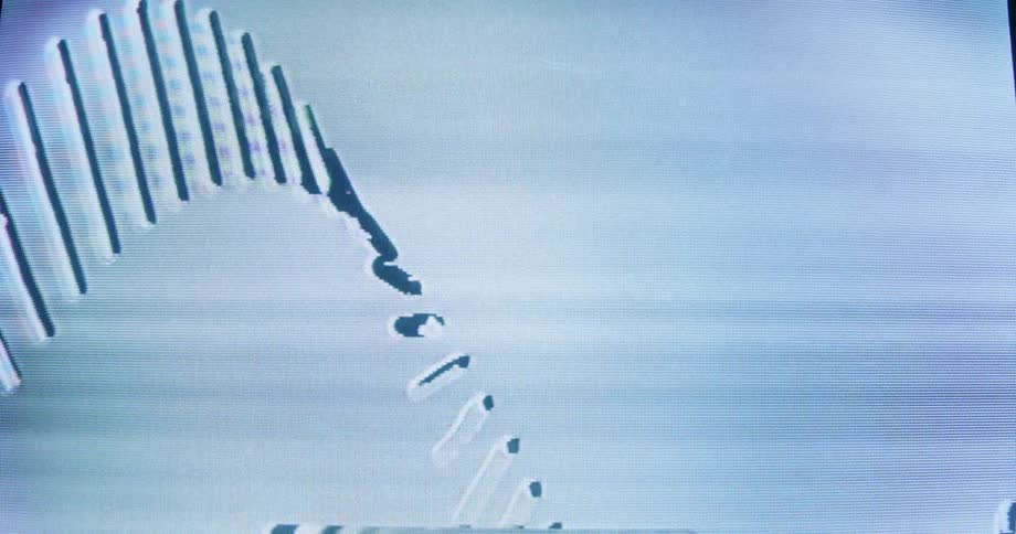 An abstract geometric shape made of repeating lines rotates on a flickering, distorted vintage CRT screen
