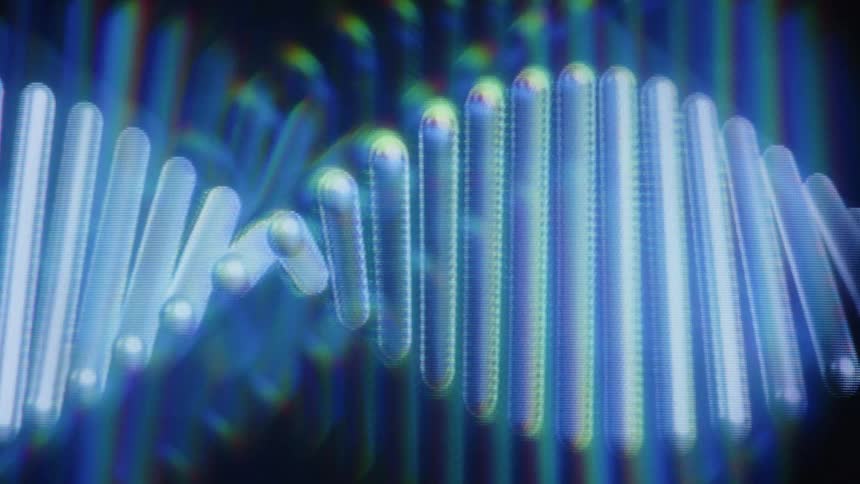 A stylized, glowing blue DNA double helix rotates with digital distortion and scan line effects