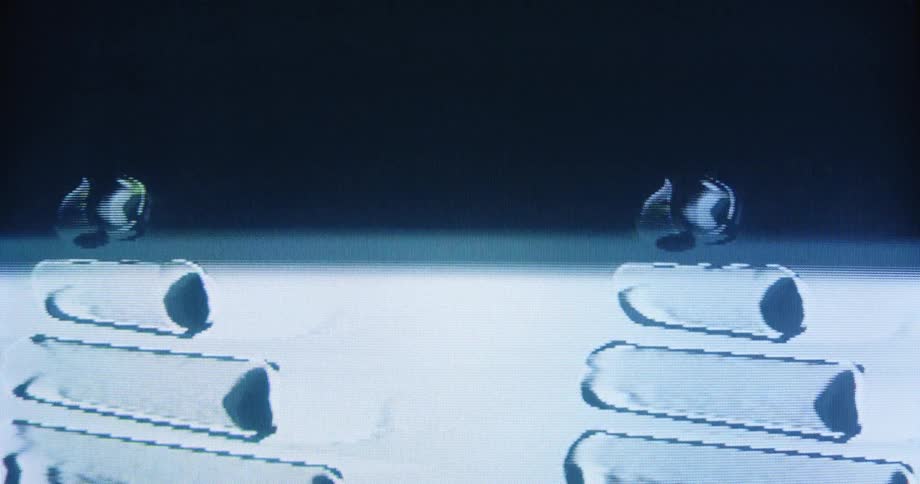 Symmetrical analog video feedback creates a looping pattern of distorted cylindrical shapes on a retro screen