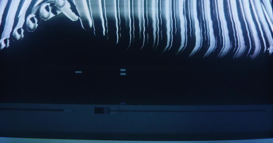 A distorted white signal wave glitches and pulses across a dark analog CRT screen, creating a retro visual effect