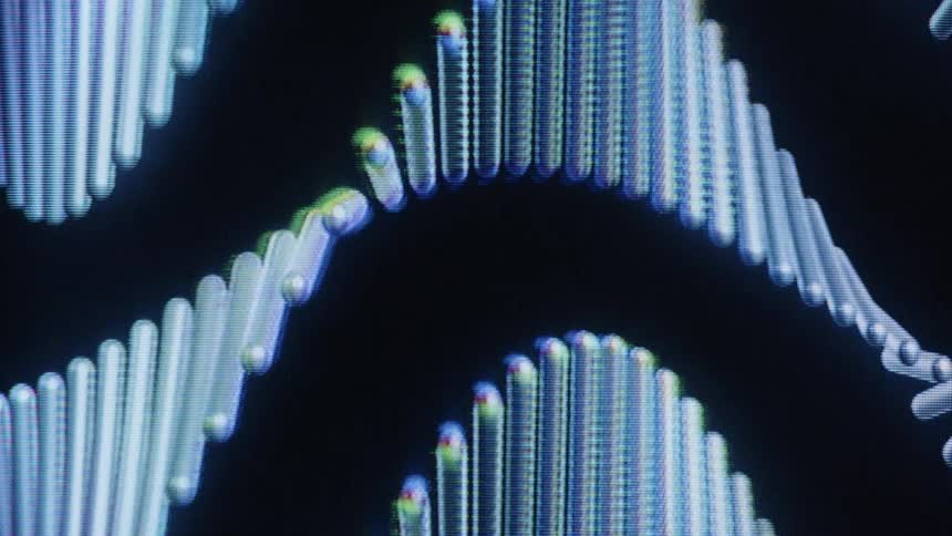 Close-up of a pixelated, stylized DNA strand animation slowly rotating on a dark screen