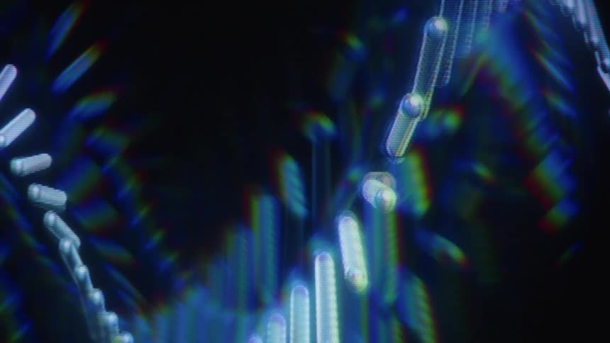 A stylized digital DNA helix rotates slowly with a chromatic aberration effect on a black background