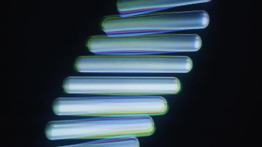 A stylized, digital animation of a DNA strand rotating slowly on a pixelated screen
