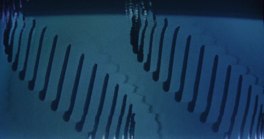 Monochromatic abstract line patterns distort and glitch on a vintage television screen