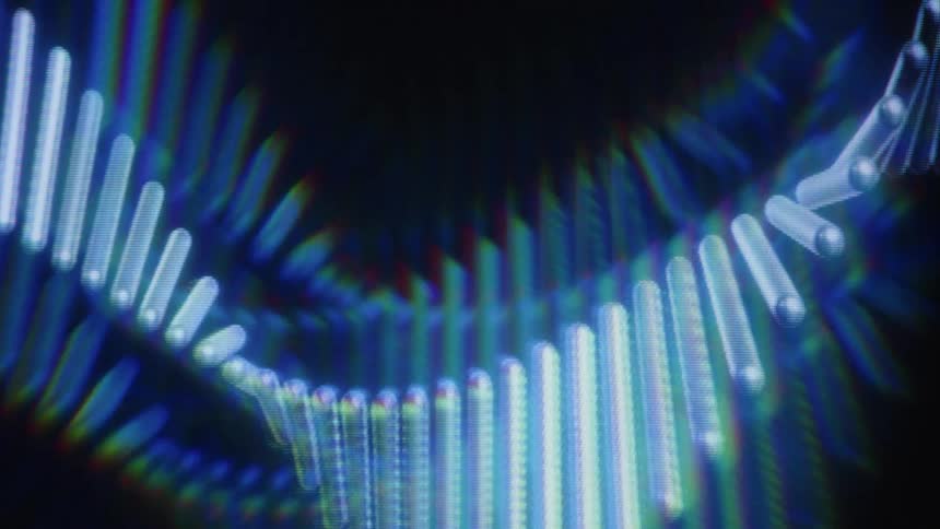 A glowing blue digital DNA strand rotates slowly with a distorted, glitchy effect on a dark background