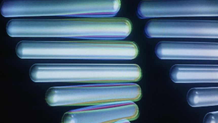 Macro shot of a glowing blue DNA double helix animation with a pixel grid and glitchy chromatic aberration effects
