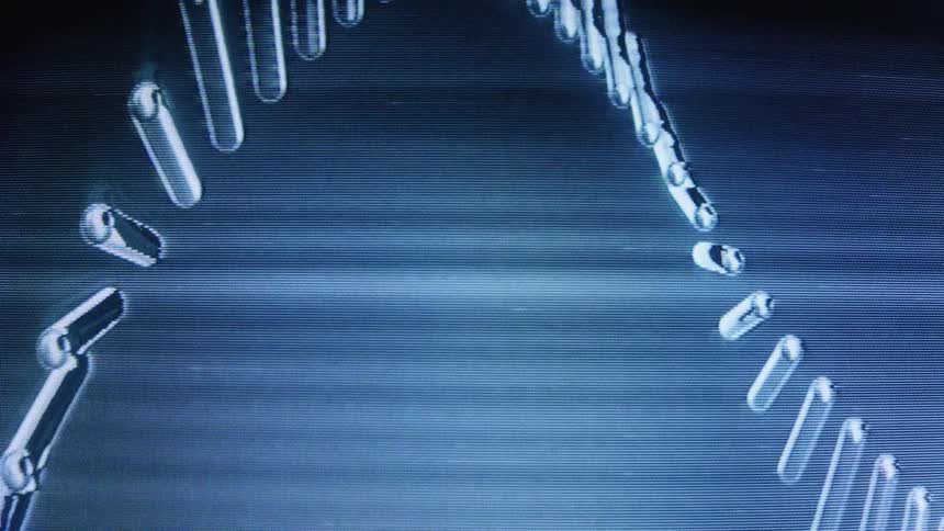 Close-up of a 3D animated DNA double helix rotating on a screen with visible scan lines and a blue hue