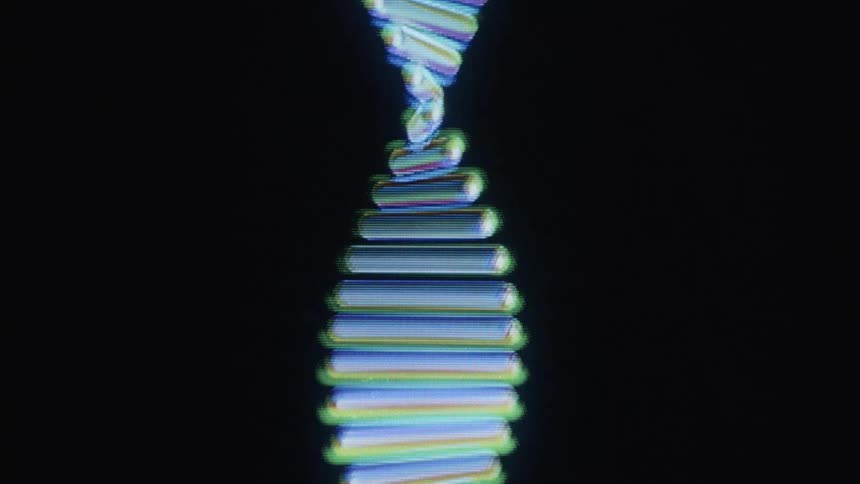A colorful, pixelated, abstract double helix animates in a seamless loop on a black background