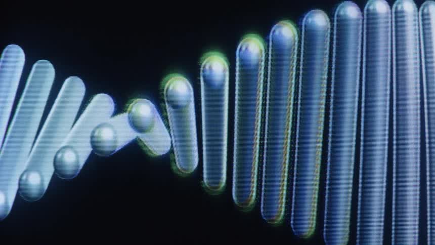 Seamless loop of a stylized, rotating DNA strand with a pixelated, retro screen aesthetic