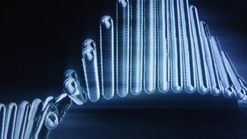 A seamless loop animation shows a futuristic digital scan of a rotating DNA double helix strand on a dark background