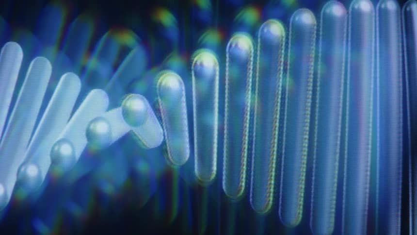A futuristic, glowing blue DNA double helix rotates and twists in a seamless, abstract loop