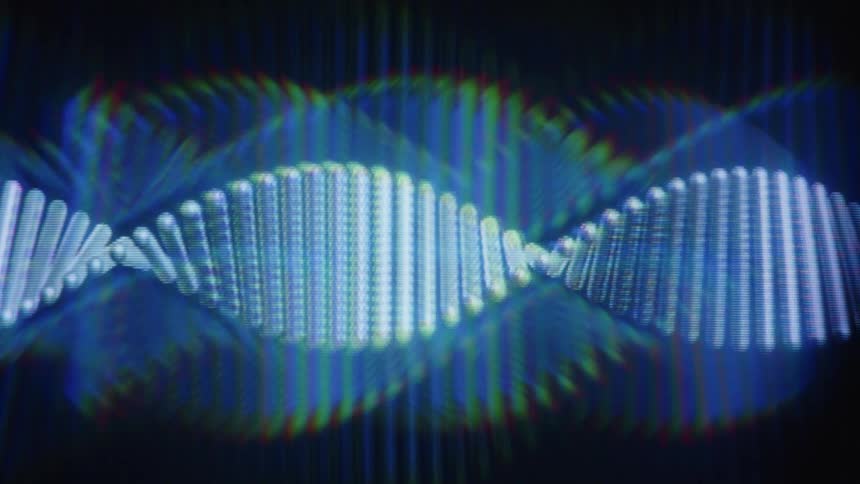A stylized, glowing blue animation of a DNA double helix rotating in a continuous loop against an abstract dark background