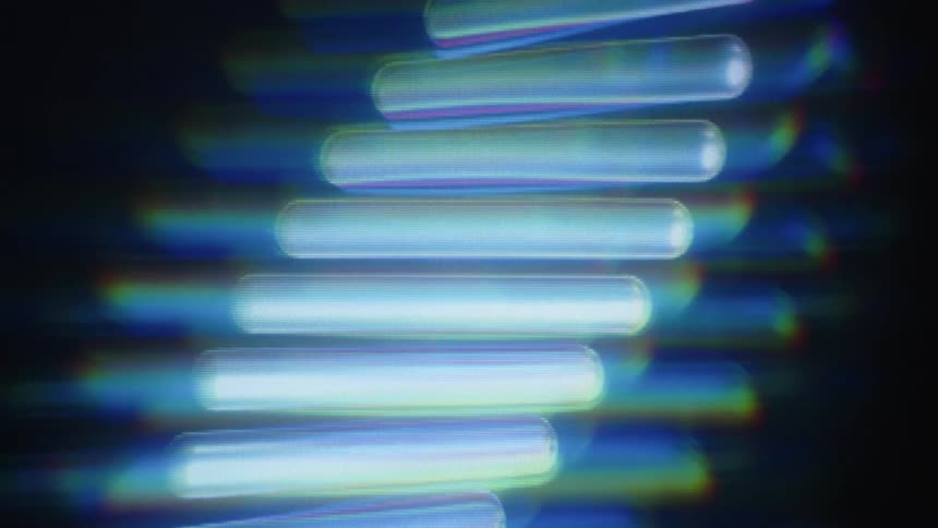 Futuristic animation of a glowing blue holographic DNA strand slowly rotating and unwinding on a dark background