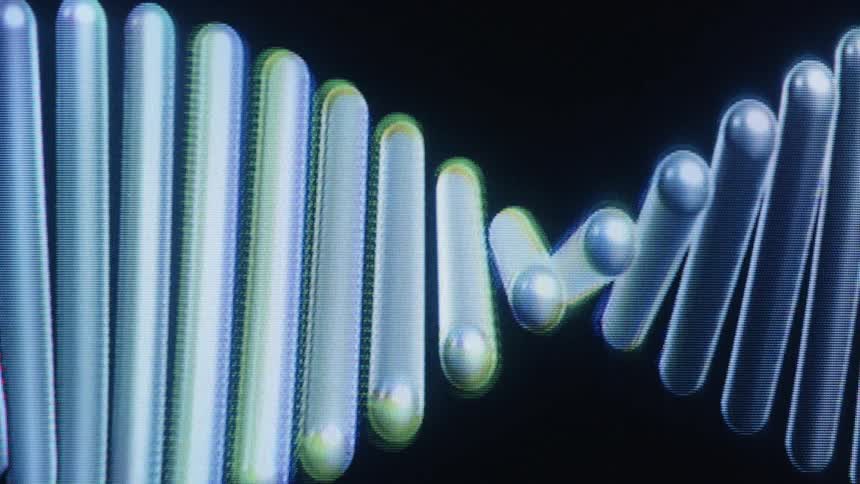 A stylized 3D animation of a DNA double helix rotates slowly on a dark background with a retro CRT screen effect