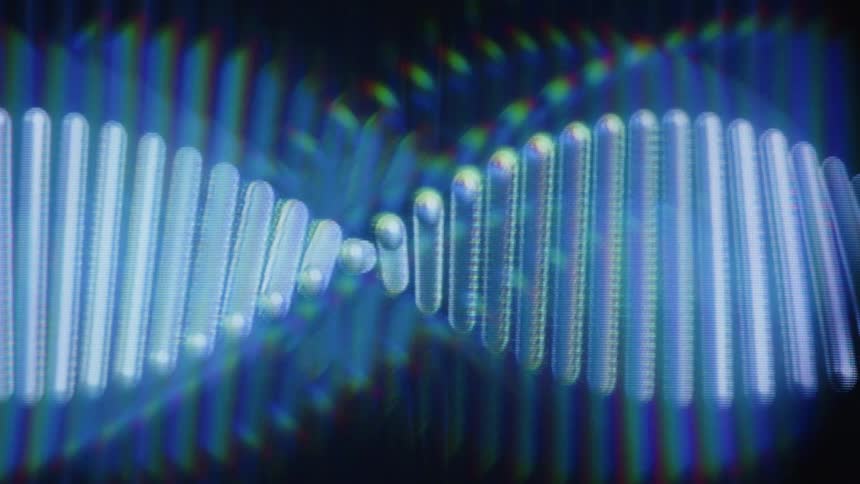 A stylized, glowing blue DNA strand slowly rotates on a dark, abstract background