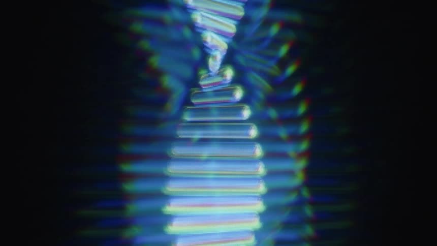 A retro-style animation of a rotating DNA double helix glows with a colorful chromatic aberration effect on a dark background