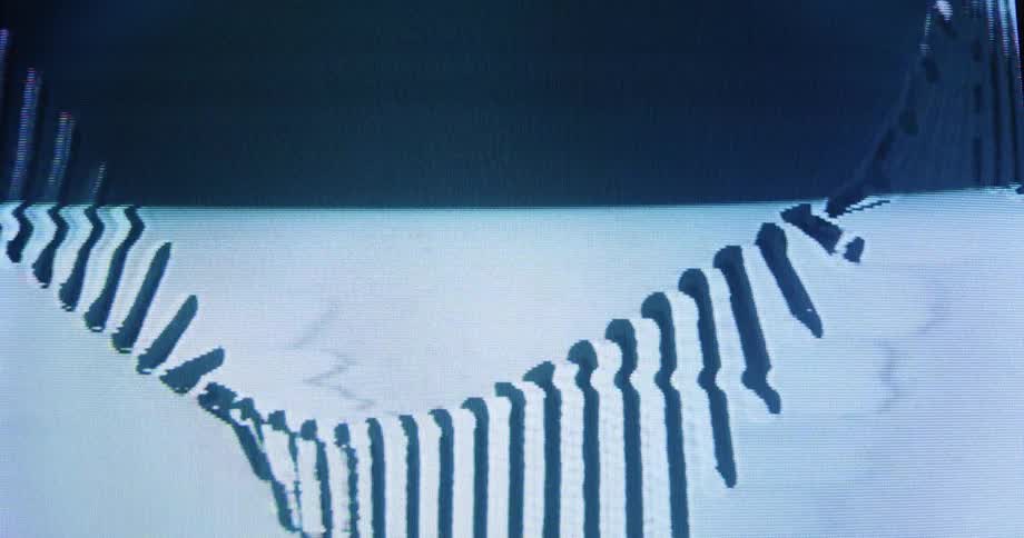 A distorted black and white waveform glitches and warps on an old analog screen, creating a lo-fi visual effect
