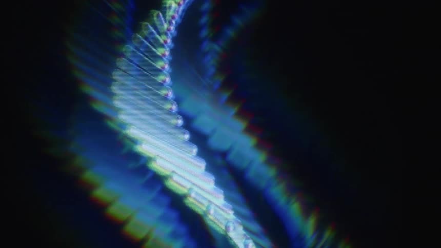 An abstract futuristic blue helix slowly rotates with a glowing chromatic aberration effect against a dark background