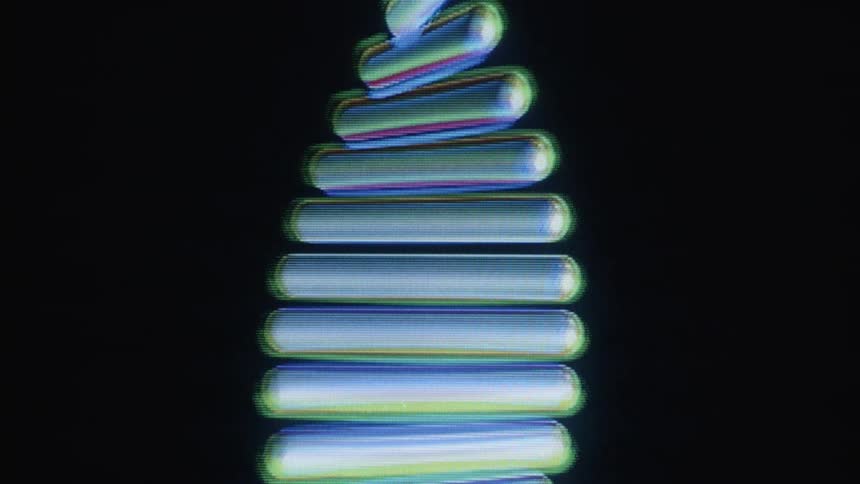A close-up, pixelated animation of a digital DNA double helix rotating on a computer screen with a retro CRT effect